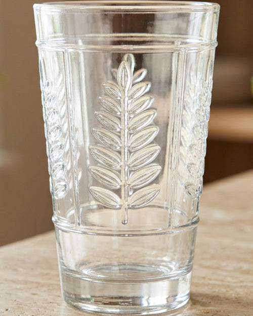 Hjxwt Twelve Ounce Six Panel Fern Embossed Glass Tumbler Clear - Lifestyle view